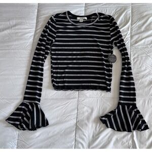 New Adam Levine Semi Cropped Trumpet Sleeve Medium Black Striped Top NWT
